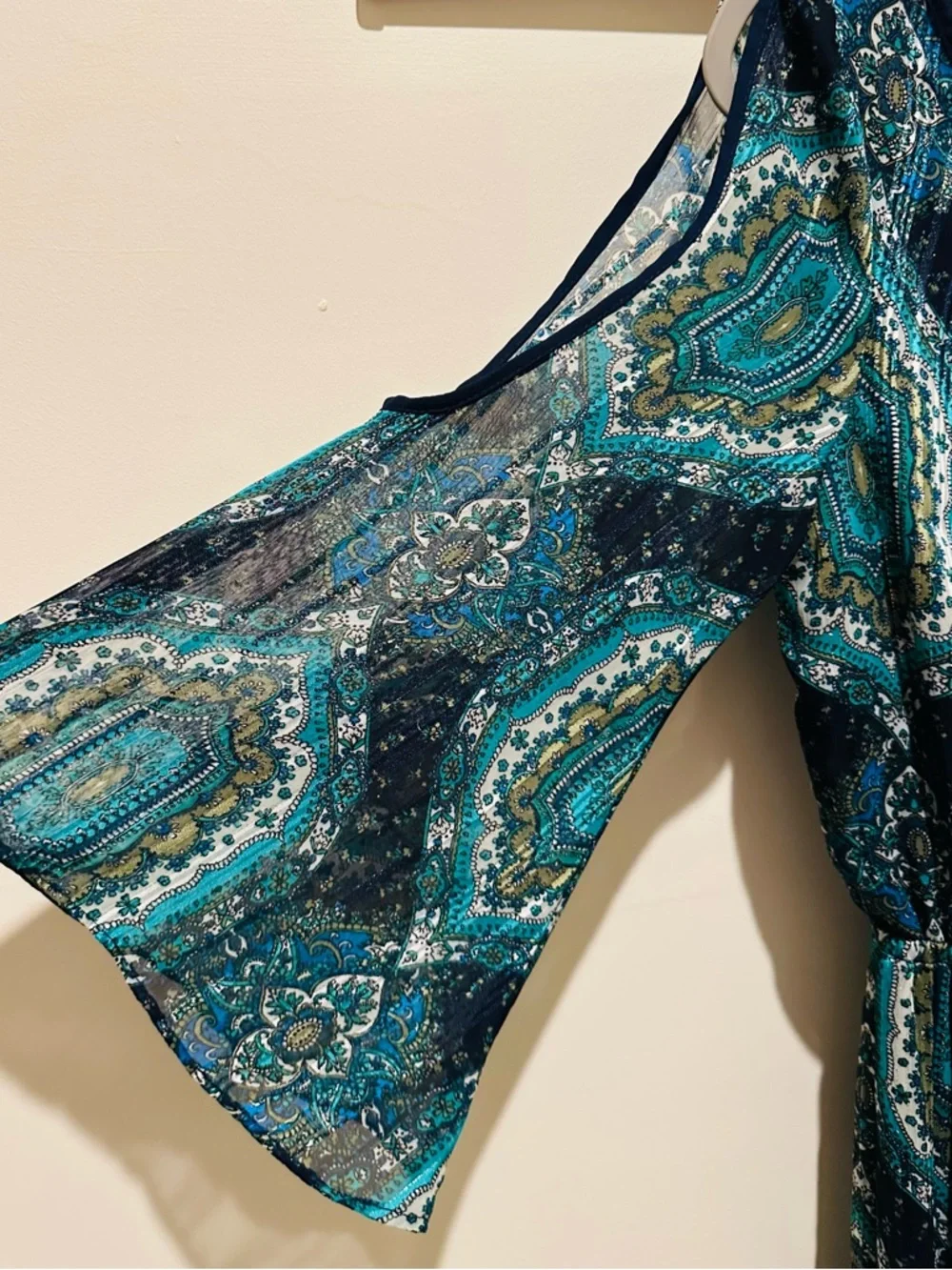 ECI Teal and Navy Printed Maxi Dress with Tie Neck - Picture 5 of 6